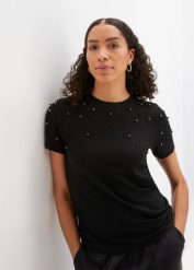T-shirt z aplikacją z perełek. Czarne bluzki damskie bonprix, z aplikacjami, bez kołnierzyka, bez ramiączek. Za 84.99 zł.