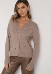 Beżowy Rozpinany Kardigan w Kropki Tusvanea. Brązowe kardigany damskie Born2be, l, bez wzorów, z jeansu, klasyczne, bez kołnierzyka, bez ramiączek, bez kaptura. Za 79.99 zł.