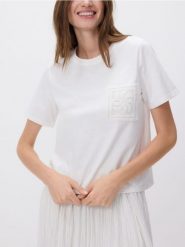 T-shirt z ażurową kieszonką - złamana biel. T-shirty damskie Reserved, l, w ażurowe wzory, z bawełny, bez kołnierzyka. W wyprzedaży za 45.99 zł.