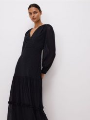 Sukienka maxi w grochy - czarny. Czarne sukienki damskie Reserved, l, bez wzorów, z dzianiny, bez kołnierzyka, bez ramiączek, maxi, rozkloszowane. Za 139.99 zł.