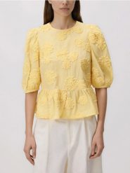 Bluzka z ozdobnym haftem - żółty. Żółte bluzki damskie Reserved, l, bez wzorów, z bawełny, bez kołnierzyka, bez ramiączek. Za 119.99 zł.