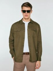 Lniana koszula męska khaki Workelin 303. Zielone koszule męskie Big Star, l, bez wzorów, z tkaniny, sportowe, bez kołnierzyka, bez ramiączek. Za 249.99 zł.