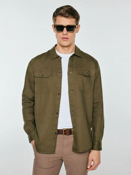 Lniana koszula męska khaki Workelin 303. Zielone koszule męskie Big Star, l, bez wzorów, z tkaniny, bez kołnierzyka, bez ramiączek. W wyprzedaży za 199.99 zł.