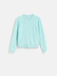 Wełniany sweter - jasnoturkusowy. Niebieskie swetry damskie Reserved, l, bez wzorów, z wełny, bez kołnierzyka, bez ramiączek, bez kaptura. Za 259.99 zł.