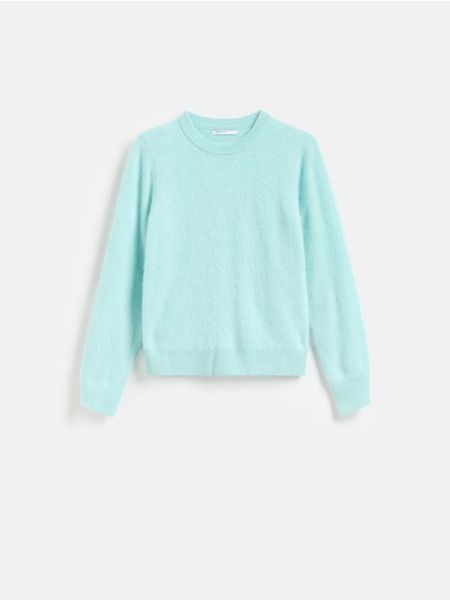 Wełniany sweter - jasnoturkusowy. Niebieskie swetry damskie Reserved, l, bez wzorów, z wełny, bez kołnierzyka, bez ramiączek, bez kaptura. Za 259.99 zł.