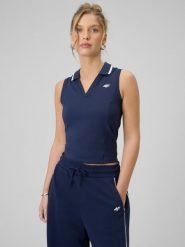 4F Top slim z kołnierzykiem damski - granatowy S. Niebieskie koszulki sportowe damskie 4f, s, bez wzorów, bez kołnierzyka, bez ramiączek, tenisowe. Za 79.99 zł.