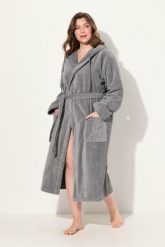Damskie Szlafrok kaptur pasek trapezowy fason frotte. Szare szlafroki damskie Ulla Popken, plus size, bez wzorów, z bawełny, plus size, bez ramiączek, długie, bez kaptura. Za 349.99 zł.