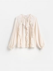 Bluzka z falbanami - złamana biel. Bluzki damskie Reserved, l, bez wzorów, z tkaniny, bez kołnierzyka, bez ramiączek. Za 109.99 zł.