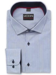 Biało-niebieska koszula męska w prążki Y57. Białe koszule męskie Modini Moda Męska, m, bez wzorów, z bawełny, casualowe, bez kołnierzyka, bez ramiączek. W wyprzedaży za 169.20 zł.