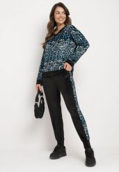 Niebiesko-Czarny Welurowy Komplet Dresowy w Panterkę Bluza i Spodnie z Lampasami Avathirae. Niebieskie bluzy damskie Born2be, uniwersalny, bez wzorów, z dresówki, bez kaptura. Za 129.99 zł.
