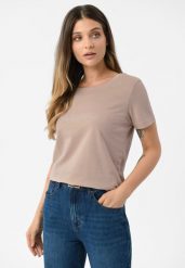 Bawełniana koszulka T-PARSLEY. Brązowe t-shirty damskie Volcano, l, z aplikacjami, z bawełny, eleganckie, bez kołnierzyka. Za 69.99 zł.