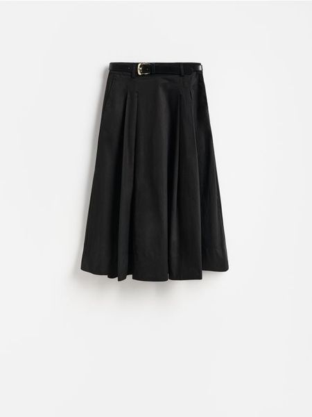 Spódnica midi z paskiem - czarny. Czarne spódnice damskie Reserved, l, bez wzorów, z bawełny, midi, rozkloszowane. Za 149.99 zł.