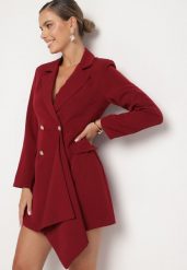 Bordowa Taliowana Sukienka o Kroju Marynarki z Mini Trenem Besista. Czerwone sukienki damskie Born2be, m, z aplikacjami, eleganckie. Za 139.99 zł.