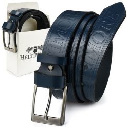 Beltimore Pasek Do Spodni Granatowy Jeans Skórzany Pas Skóra 527 : Kolory - Granatowy, Rozmiar Pasków - R.100-115 Cm. Niebieskie paski damskie z aplikacjami, z jeansu, eleganckie. Za 47.99 zł.