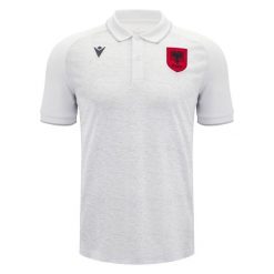 Polo Albanii Travel 2024/25 FSHF 2024/25. Białe koszulki polo męskie Macron, m, bez wzorów, bez ramiączek. Za 248.00 zł.