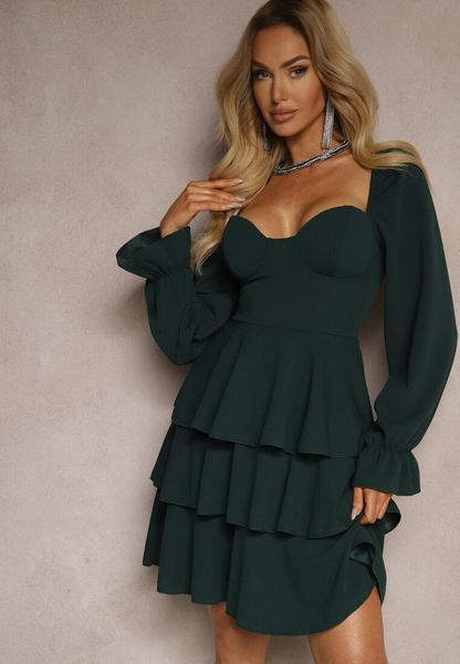 Ciemnozielona Sukienka o Rozkloszowanym Kroju z Falbanami i Bufiastymi Rękawami Semiella. Zielone sukienki damskie Renee, na imprezę, l, bez wzorów, eleganckie, bez kołnierzyka, bez ramiączek, mini, kopertowe. Za 109.99 zł.