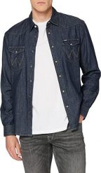 WRANGLER DENIM WESTERN SHIRT MĘSKA KOSZULA JEANSOWA DARK INDIGO W5M12AX1E 112130200. Niebieskie koszule męskie Wrangler, m, bez wzorów, z denimu, bez kołnierzyka, bez ramiączek. W wyprzedaży za 49.99 zł.