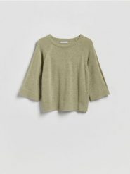 Gładki sweter - jasnozielony. Zielone swetry damskie Reserved, l, bez wzorów, z dzianiny, bez kołnierzyka, bez ramiączek, bez kaptura. Za 89.99 zł.