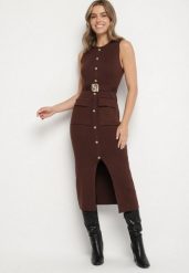 Brązowa Elegancka Sukienka Ołówkowa z Dzianiny z Wiskozą z Guzikami i Paskiem Ezerria. Brązowe sukienki damskie Born2be, do pracy, bez wzorów, z dzianiny, biznesowe, bez kołnierzyka, bez ramiączek, midi, dopasowane. Za 149.99 zł.