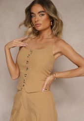 Ciemnobeżowy Top Zapinany na Guziki z Bawełną na Cienkich Ramiączkach Divilna. Brązowe bluzki damskie Renee, l, bez wzorów, z bawełny, eleganckie, bez kołnierzyka, bez ramiączek. Za 69.99 zł.