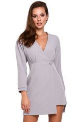 Sukienka elegancka kopertowa asymetryczna mini szara. Szare sukienki damskie Sukienki.shop, xl, bez wzorów, eleganckie, z asymetrycznym kołnierzem, bez ramiączek, mini, asymetryczne. W wyprzedaży za 132.00 zł.