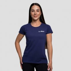 Koszulka damska fitness z krótkim rękawem granatowa Basic. Niebieskie koszulki sportowe damskie GYMBEAM, xl, bez wzorów, z bawełny, bez kołnierzyka, bez ramiączek, na fitness i siłownię. Za 41.90 zł.