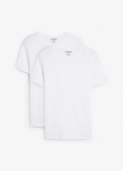 T-shirt z czystej bawełny organicznej, slim fit (2 szt.). Białe t-shirty męskie bonprix, m, bez wzorów, z bawełny, bez kołnierzyka. Za 72.99 zł.