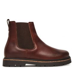 Sztyblety Birkenstock. Brązowe botki damskie Birkenstock, bez obcasa, na płaskiej podeszwie, bez zapięcia. Za 689.99 zł.