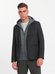 Męska marynarka casual z ozdobnym pinem na klapie - grafitowy melanż V2 - Rozmiar: S. Szare marynarki męskie Ombre Clothing, bez wzorów, z poliesteru, casualowe. W wyprzedaży za 139.99 zł.