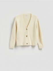 Wełniany kardigan - jasnożółty. Żółte kardigany damskie Reserved, l, bez wzorów, z wełny. Za 199.99 zł.