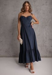 Granatowa Rozkloszowana Sukienka z Bawełny z Wiązanymi Ramiączkami Milistia. Niebieskie sukienki dla dziewczynek Renee, bez wzorów, z bawełny, casualowe, bez ramiączek. Za 189.99 zł.