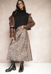 Brązowa Spódnica High Waist ze Zwierzęcym Printem i Gumką w Talii Dimella. Brązowe spódnice damskie Renee, m, bez wzorów, z wiskozy, eleganckie, z podwyższonym stanem, midi, dopasowane. Za 74.99 zł.