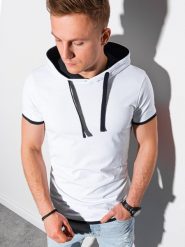 T-shirt męski z kapturem - biały V1. Białe t-shirty męskie Ombre Clothing, m, bez wzorów, z bawełny, klasyczne, bez kołnierzyka. W wyprzedaży za 29.99 zł.
