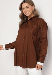 Brązowa Klasyczna Koszula z Bawełny o Kroju Oversize Ronavelle. Brązowe bluzki damskie Born2be, uniwersalny, bez wzorów, z bawełny, biznesowe, bez kołnierzyka, bez ramiączek. Za 99.99 zł.