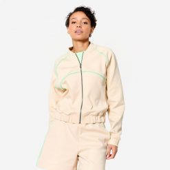 Bluza fitness bomberka damska Domyos. Brązowe bluzy sportowe damskie DOMYOS, m, bez wzorów, z bawełny, bez kaptura, na fitness i siłownię. W wyprzedaży za 119.99 zł.