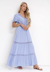 Jasnoniebieska Sukienka Maxi z Gumką w Talii i Koronkowymi Lamówkami Kelbie. Niebieskie sukienki damskie Born2be, na lato, l, z aplikacjami, z koronki, bez kołnierzyka, bez ramiączek, maxi, rozkloszowane. Za 69.99 zł.