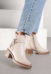 Beżowe Botki na Słupku z Aplikacją przy Cholewce Tulonisse. Brązowe botki damskie Born2be, z dzianiny, eleganckie, bez obcasa, na obcasie, bez zapięcia. Za 149.99 zł.