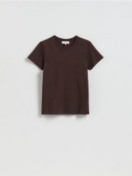 Bawełniany t-shirt - ciemnobrązowy. Brązowe t-shirty damskie Reserved, l, bez wzorów, z bawełny, bez kołnierzyka. Za 89.99 zł.