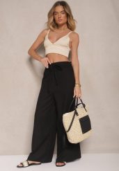 Czarne Bawełniane Spodnie o Szerokim Kroju High Waist Ściągane Troczkiem Virselia. Czarne spodnie sportowe damskie Renee, l, bez wzorów, z bawełny. Za 74.99 zł.