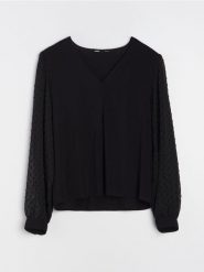 Bluzka z bufkami - czarny. Czarne bluzki damskie Sinsay, l, bez wzorów, bez kołnierzyka, bez ramiączek. Za 39.99 zł.