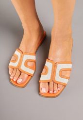 Pomarańczowe Klapki z Wycięciami i Tweedowymi Zdobieniami Dorria. Brązowe klapki damskie Born2be, z aplikacjami, eleganckie, bez obcasa, na obcasie. Za 54.99 zł.