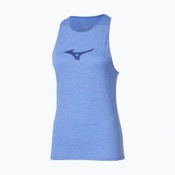 Koszulka do biegania damska Mizuno Core Runbird Tank Top. Niebieskie koszulki sportowe damskie Mizuno, s, bez wzorów, z materiału, bez kołnierzyka, bez ramiączek, do biegania. Za 139.99 zł.