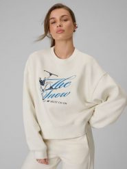 4F Bluza dresowa loose bez kaptura damska - beżowa XS. Brązowe bluzy damskie 4f, xs, bez wzorów, z dresówki, bez kaptura. Za 149.99 zł.