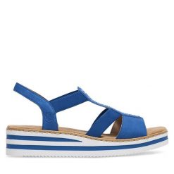 Sandały Rieker. Niebieskie sandały damskie Rieker, bez wzorów, bez obcasa, na koturnie, bez zapięcia. Za 299.99 zł.