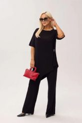 Czarny komplet bambusowy Marlene | Spodnie z asymetryczną tuniką PLUS SIZE XXL OVERSIZE WIOSNA LATO. Czarne spodnie materiałowe damskie Moda Size Plus Iwanek, l, bez wzorów, z dzianiny. Za 369.90 zł.