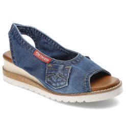 Niebieskie Sandały Artiker Modne Obuwie Damskie. Niebieskie klapki damskie Artiker, bez wzorów, z jeansu, bez obcasa, na koturnie, bez zapięcia. Za 279.00 zł.