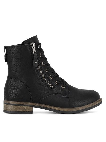 Rieker Botki 72221-00 Czarny. Czarne botki damskie Rieker, z materiału, bez obcasa, na płaskiej podeszwie, bez zapięcia. Za 369.99 zł.