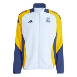 Bluza dresowa Prematch Real Madrid 2024/25. Niebieskie bluzy męskie Adidas, bez wzorów, z dresówki, bez kaptura, do piłki nożnej. W wyprzedaży za 321.20 zł.