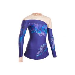 Kostium ze spódniczką i długim rękawem do gimnastyki artystycznej. Fioletowe spódnice damskie DOMYOS, bez wzorów, z elastanu, eleganckie. Za 119.99 zł.