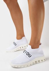 Białe Buty Sportowe ze Skarpetkową Cholewką i Napisem Thirllas. Białe obuwie sportowe damskie Born2be, bez wzorów. Za 54.99 zł.